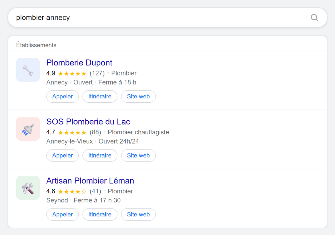 Résultats Google pour « plombier annecy » : le top 3 des fiches locales, avec notes, avis et boutons Appeler et Itinéraire
